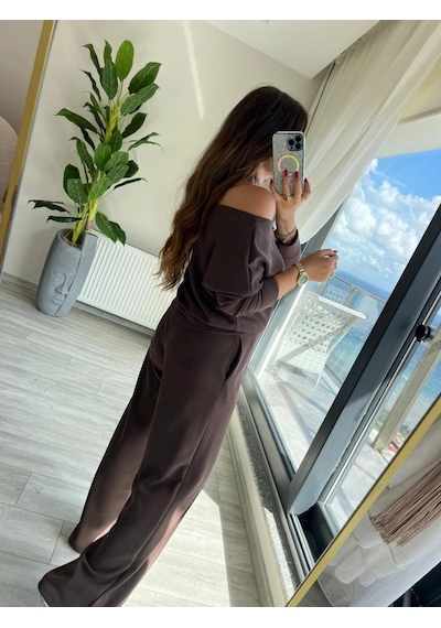 Valensdesign Kadın Uzun Kollu Tek Omuzdan Açık Modal Bluz Ve Pantolon Ikili Takım Kahve