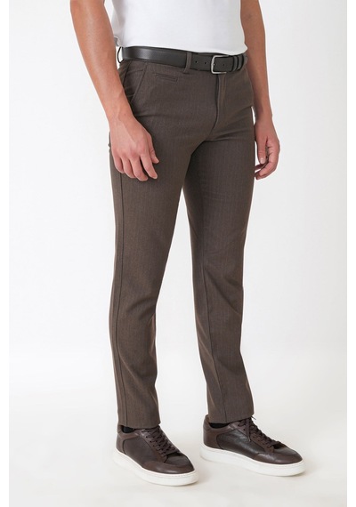 Slim Fit Yan Cepli Esnek Yünlü Kahverengi Çizgili Pantolon P 1236