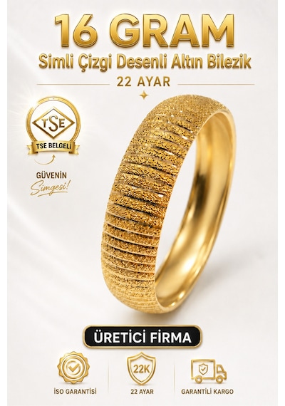 22 Ayar Tse Belgeli 16 Gram Simli Çizgi Desenli Altın Bilezik 15 Mm Gold Bilezik Düğün Nişan