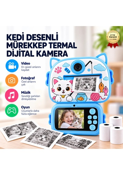 BLUE-5 Anında Baskılı Çocuk Fotoğraf Makinesi ,kedi Desenli, Mürekkepsiz Termal Baskılı Dijital Kamera -1803