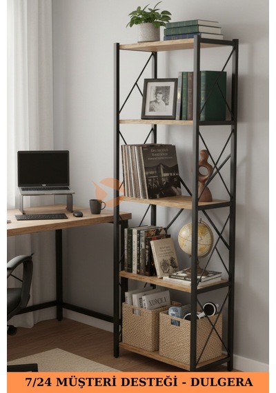 Fifty 5 Raflı Metal Dar Tekli Kitaplık Dosya Ofis Salon Rafı 150 Cm Çam