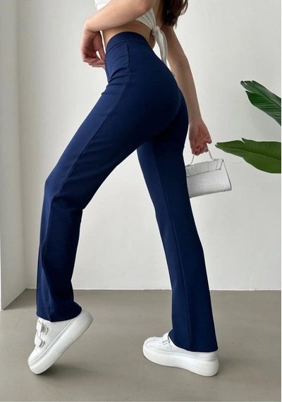 Unika Boutique Kadın Yüksek Lastikli Bel Nervür Dikişli Dekoratif Düğmeli Çimalı İspanyol Paça Palazzo Pantolon Lacivert