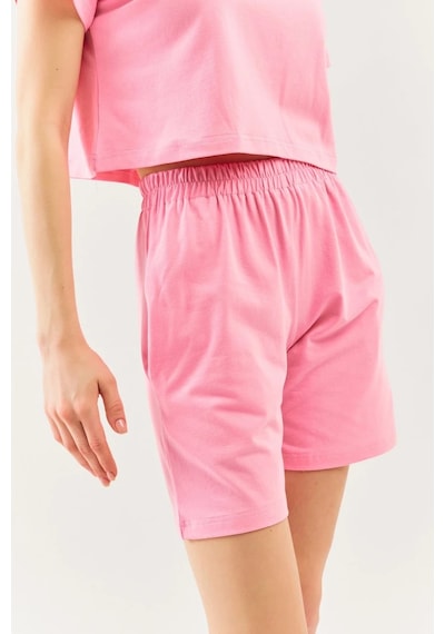 Rahat %100 Pamuklu Penye Beli Lastikli Bel Cepli Kısa Trendy Kadın Şort Pembe
