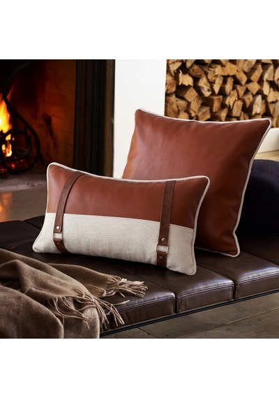 "charm" Dokulu Deri Kırlent Kılıfı - 45x45 Taba - Krem