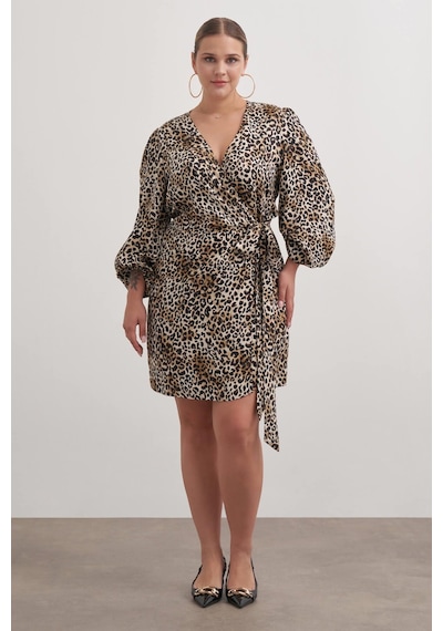 Myline Beli Kuşaklı Leopar Elbise-2571 Kahverengi
