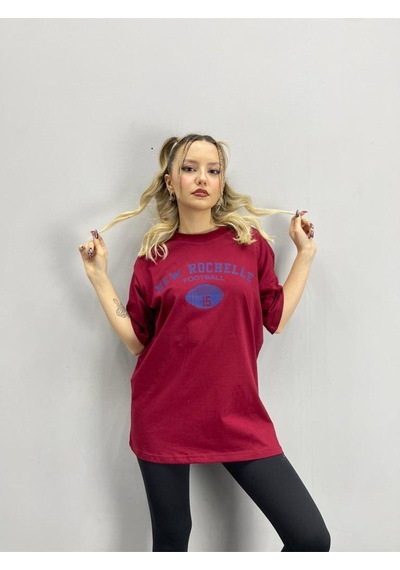 Flood Of Style Kadın Bordo New Rochelle Baskılı Oversize Bisiklet Yaka Tshirt
