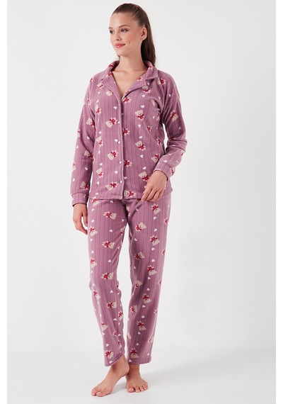 Lela Standart Fit Düğmeli Polarlı Bayan Pijama Takımı 6095615 Lila