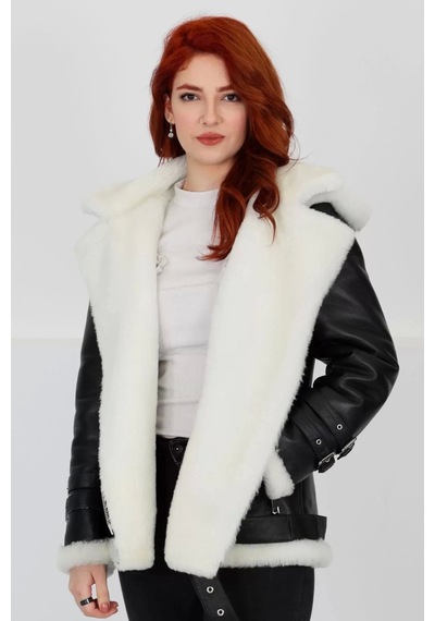 M M Marki Marki Siyah Kapüşonlu Hakiki Deri Kaban, Içi Beyaz Kürklü, Kemerli , Winter Elegance - 70 Cm - 103022