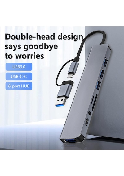 Apera MT96 OTG Kablolu Çoklayıcı Type-C USB Girişli 8in1 Adaptör Hub Çoğaltıcı Kart Okuyucu Aux