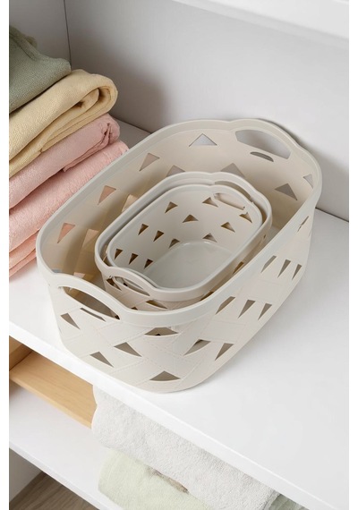 3lü Dekoratif Deri Görünüm Dolap İçi Düzenleyici Saklama Kutusu Sd5000set-4 Mutfak Banyo Organizer Sepet Krem Krem