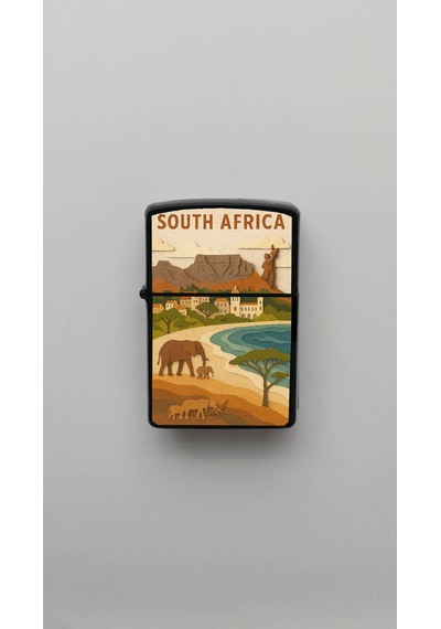 South Africa Güney Afrika - Paper-cut Style - Benzinli Siyah Çakmak Magnet Hediyeli Siyah