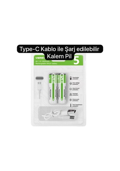 Aa Kalem Pil Type-c Şarjlı 1.5v 2800mwh Lityum Şarj Edilebilir 2 Li Pil Seti