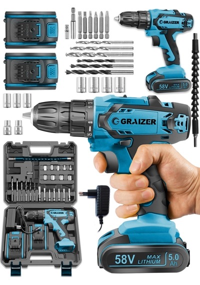 Graizer GTX-58 58V 5Ah Li-ion Çift Akülü Darbeli Vidalama Matkap Mavi + 27 Parça Set