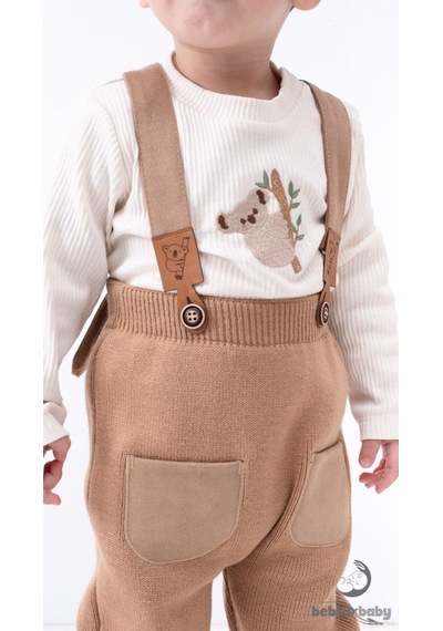 Bebicix Triko Askılı Koala Temalı Kaşkorse Esnek Badili Bereli Unisex Bebek Takım Sütlü Kahve