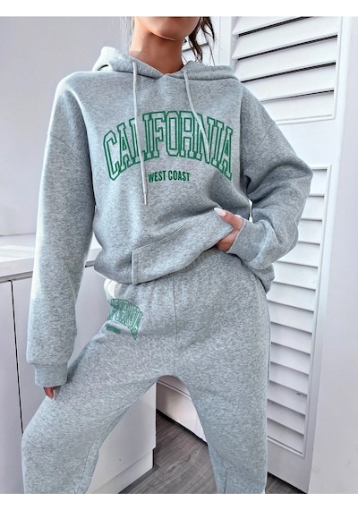 Eşofman Takımı Sweatshirt Jogger - Gri Baskılı Oversize Şardonlu Kapüşonlu Gri