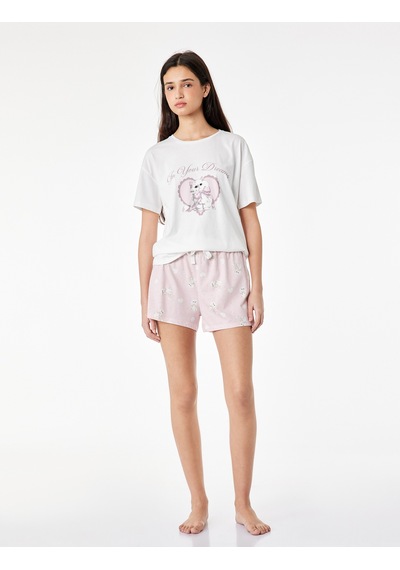 Koton Pamuklu Bisiklet Yaka Kısa Kollu Pijama Takımı Pembe Desenli 6slk40146mk