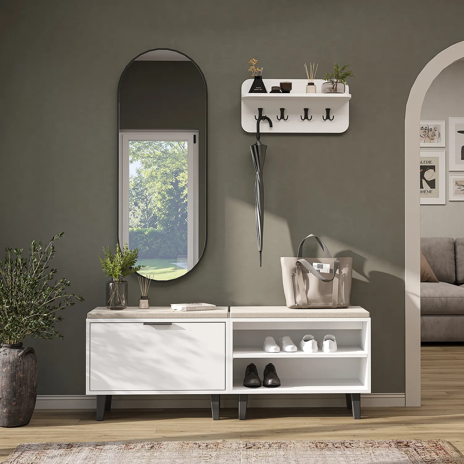 Nord Vestiyer Takımı Askılıklı, Kapaklı Bench, Kapaksız Bench, Modüler, Oval Aynalı Portmanto Takımı Beyaz Nord Vestiyer Takımı Askılıklı, Kapaklı Bench, Kapaksız Bench, Modüler, Oval Aynalı Portmanto Takımı Beyaz