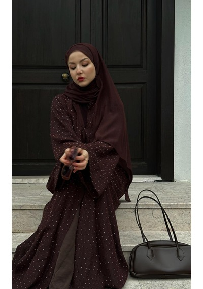 Şakika Shine Taşlı Abaya Ferace & Şal - Standart Beden & Farklı Boy Kahverengi