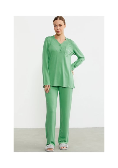 Angbutik Sementa 76438 Yarım Düğmeli Cep Detaylı Pijama Takım Yeşil