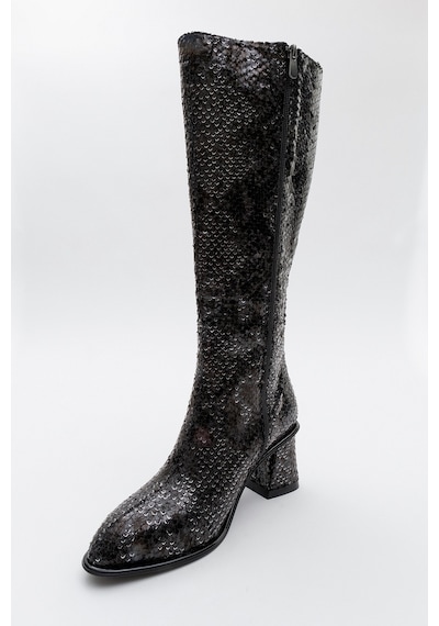 Luvishoes Luvi Shoes Elly Siyah Desenli Kadın Kalın Topuklu Çizme Siyah