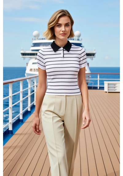 Benerly Kadın Bluz Polo Yaka Kısa Kol Triko İnce Fitilli Desenli Fitted K siyah