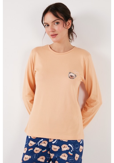Lela Streç Regular Fit Beli Lastikli Bisiklet Yaka Bayan Pijama Takımı 65714101 Şeftali