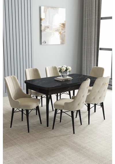 Zümra Serisi, Siyah Mermer Desen 80x132 Açılabilir Mdf Mutfak Masası Takımı 6 Adet Sandalye, Krem Zümra Serisi, Siyah Mermer Desen 80x132 Açılabilir Mdf Mutfak Masası Takımı 6 Adet Sandalye, Krem