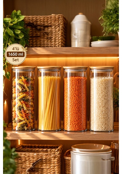 Porsima 3-4 Bambu Borosilikat Vakumlu Kapaklı Yuvarlak Cam 4lü Kavanoz Seti Saklama Kabı 1650ml 10x25cm
