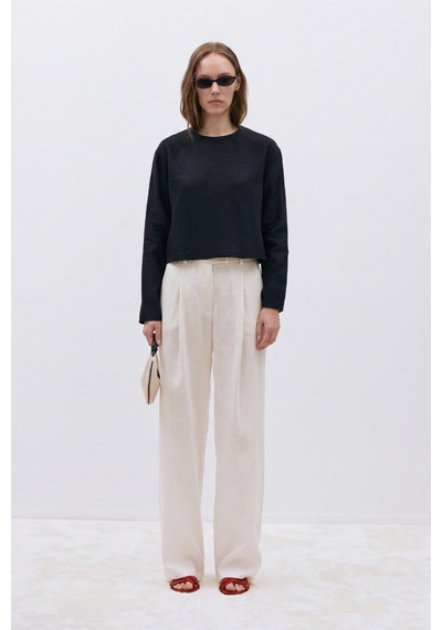 Suud Collection Siyah Mussel Crop Keten Bluz