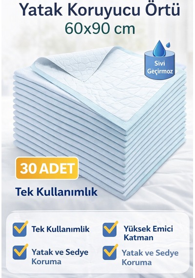 Hemengo Yatak Koruyucu Örtü 60x90 Cm 30 Adet Tek Kullanımlık Sıvı Geçirmez Hasta Altı Bezi Hmngobzs