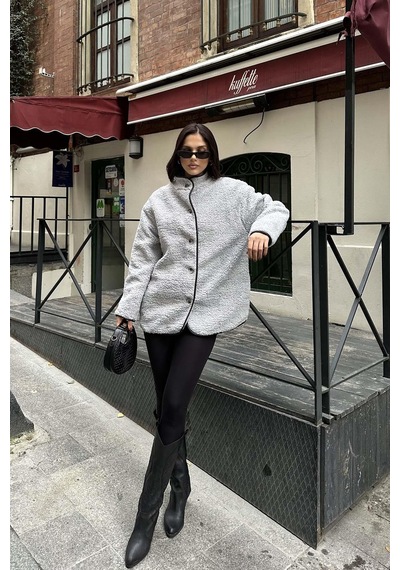 Myloore Gri Kadın Peluş Düğmeli Oversize Ceket Yumuşak Dokulu Mlb134
