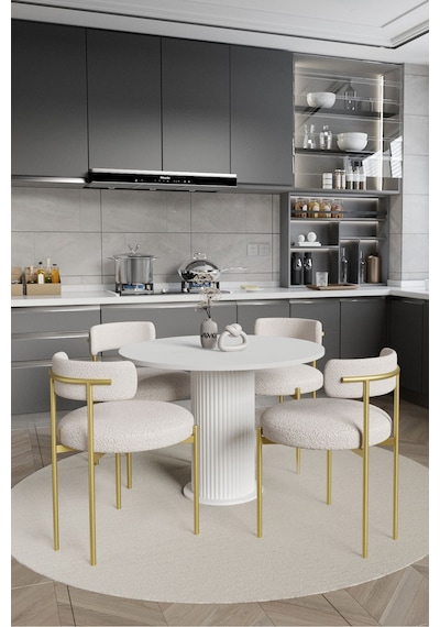 Avvio Armony Ptt Lake Mdf Ayak 4'lü Teddy Sandalye 90x90 Masa Sandalye Takımı Sandalye Bukle Kumaş Beyaz