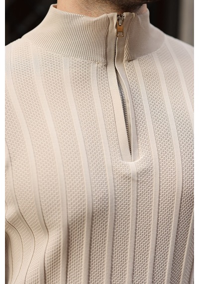 Madmext Taş Rengi Slim Fit Hakim Yaka Fermuarlı Erkek Triko Kazak E7518