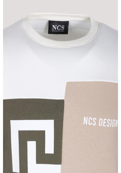 Erkek Sweatshirt Beyaz Monogram Desenli Logo Detaylı Relaxed Fit Crewneck Ncs Jeans 1625 Beyaz