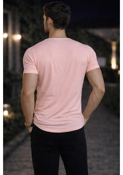 Bybülent Erkek Oval Yaka Tişört Açık Yaka Likralı Slim Fit T-shirt Pembe