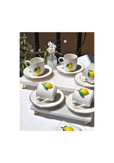6 Kişilik Yaldızlı Porselen Limonlu Kahve Fincanı Gold Limon Dekorlu Kahve 90 Ml