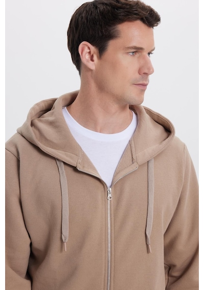 Tudors Unisex Relax Fit Rahat Kesim Pamuklu İçi Polarlı Çift Cepli Tam Fermuarlı Kahverengi Kapüşonlu Sweatshirt-41648 Kahverengi