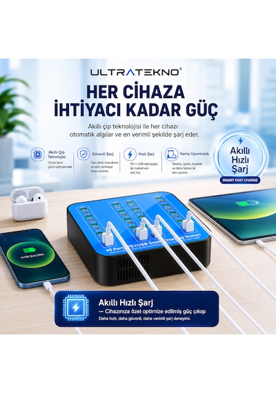 Ultratekno 40 Port Şarj İstasyonu 400w 20 Usb 20 Type-c Pd Multi Port Akıllı Hızlı Şarj Cihazı