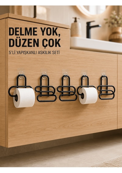 Siyah Metal Tuvalet Kağıdı Tutucu 5 Li Set Yapışkanlı Duvar Tipi Çok Renkli