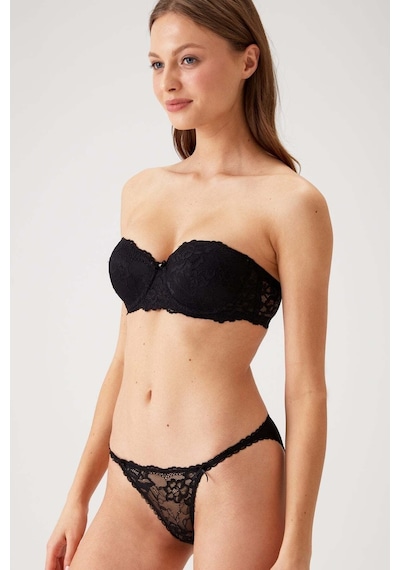 Pierre Cardin Siyah 4563 Pisa Destekli / Push - Up Straplez Dantelli Sütyen Takımı Siyah