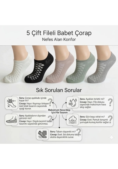 Kadın Fileli Babet Çorap 5'li Set - Nefes Alan, Görünmez, Esnek Ve İnce Yazlık Çorap Diğer
