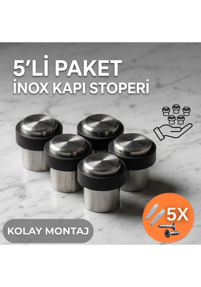 5 Adet Mat Inox Paslanmaz Çelik Kapı Stoperi Lüks Zemin Tipi Kauçuk Tamponlu Kapı Stopu