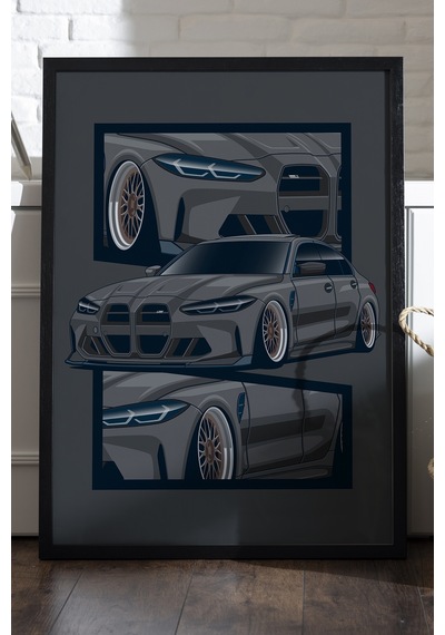 Bmw M3 G80 Siyah Ahşap Çerçeveli Poster, Dekoratif Araba Duvar Tablosu