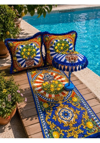 Missidea Limona Blue Bohem Ledli Bali Şemsiyesi Seti Led'li Şemsiye + 2 Adet Kırlent + Runner Mavi