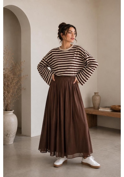 Herkesemoda Çizgili Waffle Kumaş Kadın Body Kahverengi