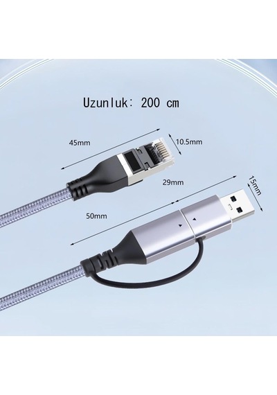 Cr35 2in1 Type-c Ve Usb 3.0'dan 1000 Mbps Rj45 Ethernet 2 Mt Kablo Ağ Kablosu Alüminyum Kasa Kopmaz Örgü Kablo