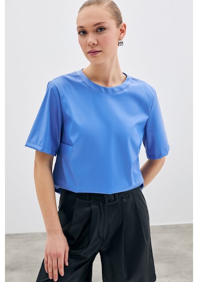 Sateen Kısa Kol Deri Bluz - Mavi-135524 Mavi