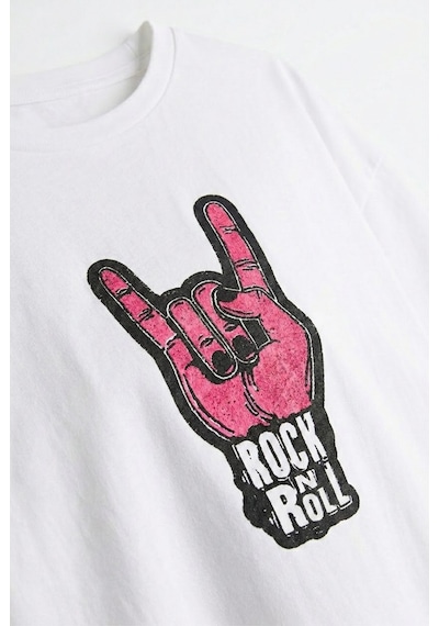 Kadın Oversize Tişört Rock Nroll Baskılı Beyaz