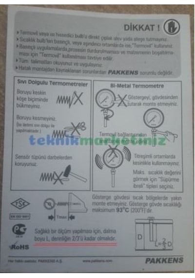 Pakkens 63 MM 500 C Derece Arkadan Bağlantılı Bi-metal Fırın Termometre