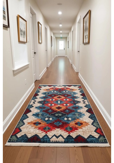 Blghome Dokuma Tabanlı Dijital Baskı Halı Blg3816 Bej - Mavi